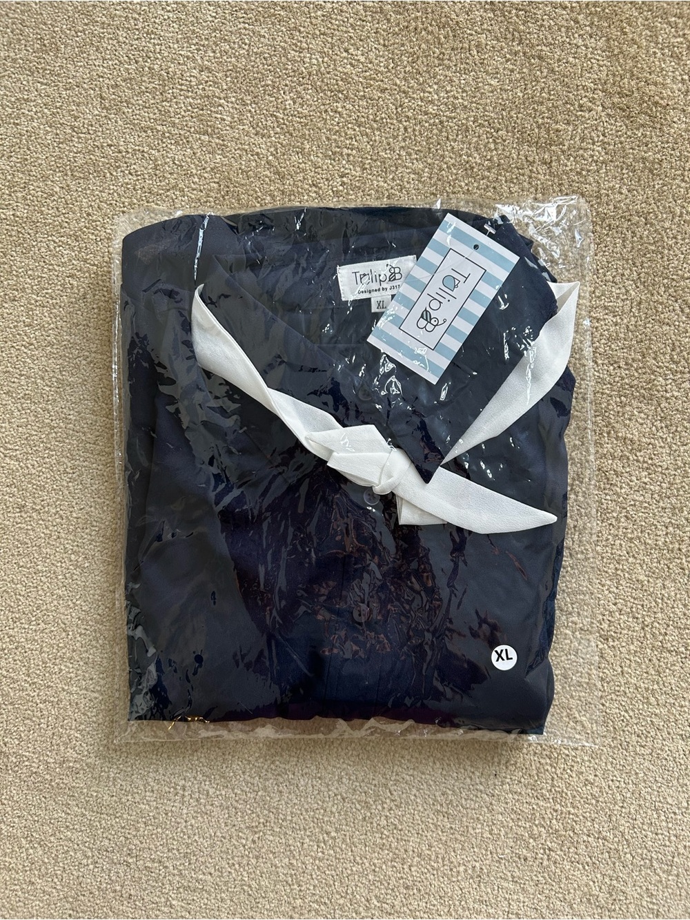 NWT Tulip B Vintage Navy White Button-Front Flutter Sleeve Neck Tie Blouse - Picture 9 of 11